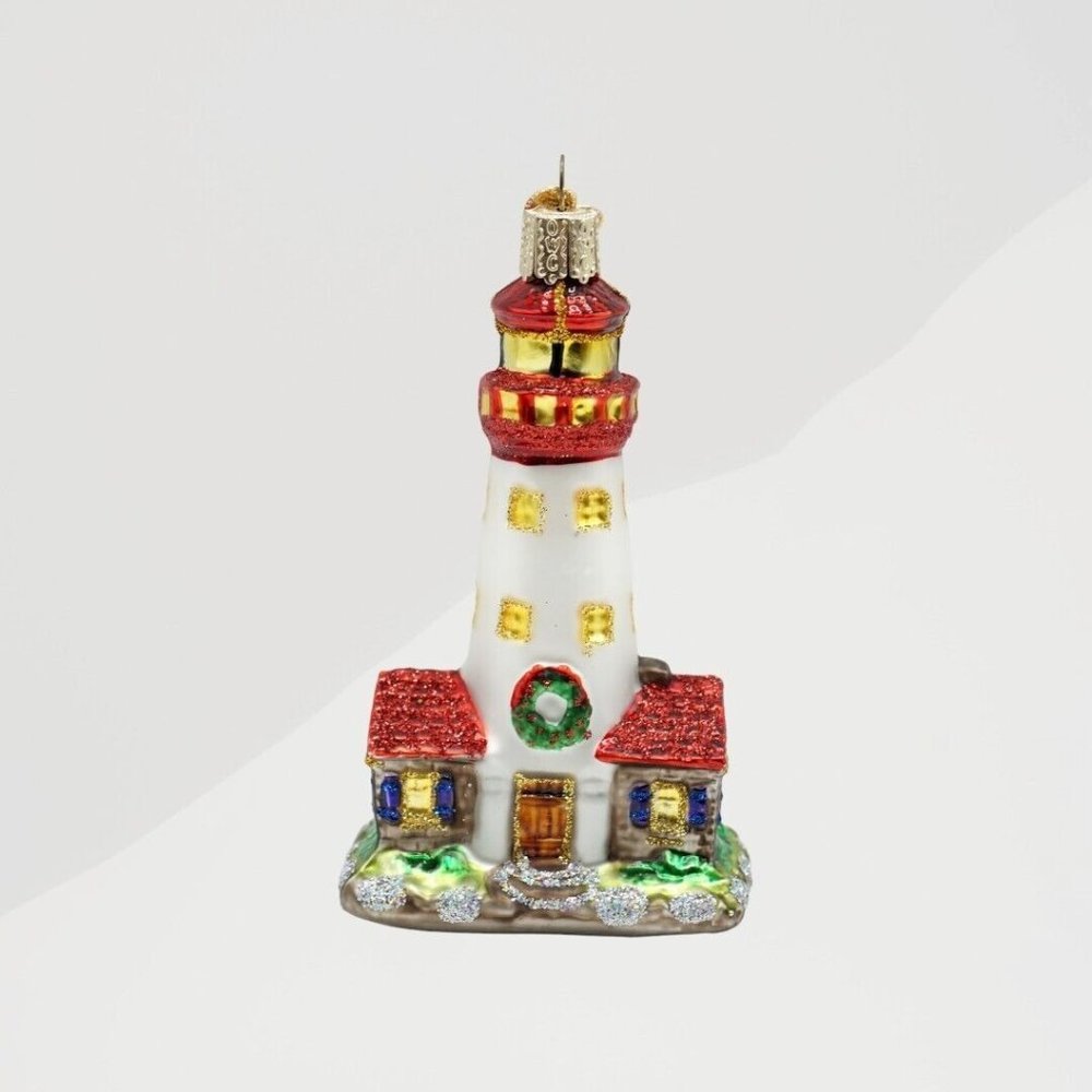 Old World Christmas OWC‎ Lighthouse Ornament 2001 Blown Glass w/ Charm